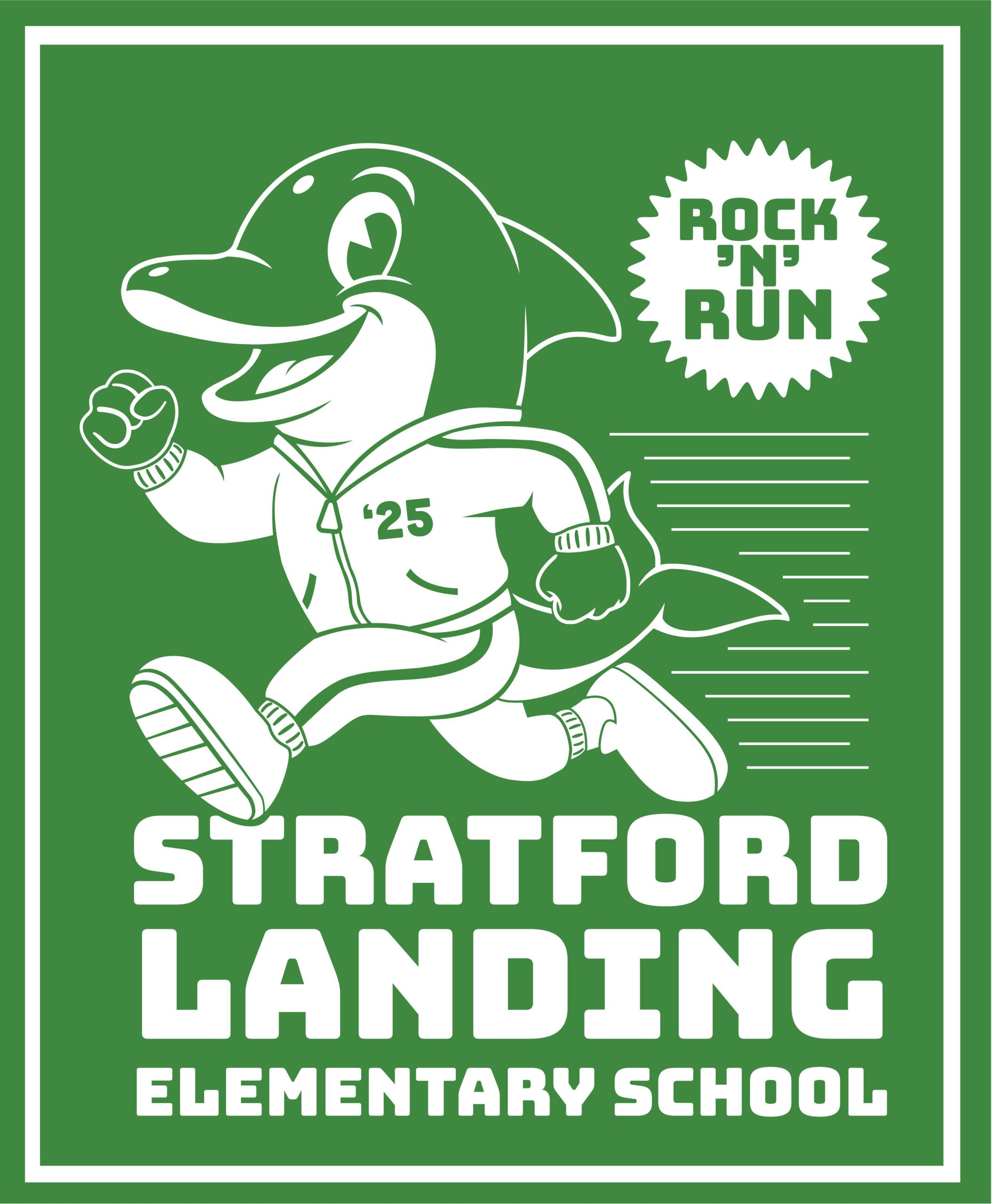 Rock ’N’ Run t-shirt design: the Stratford Landing dolphin mascot in running gear