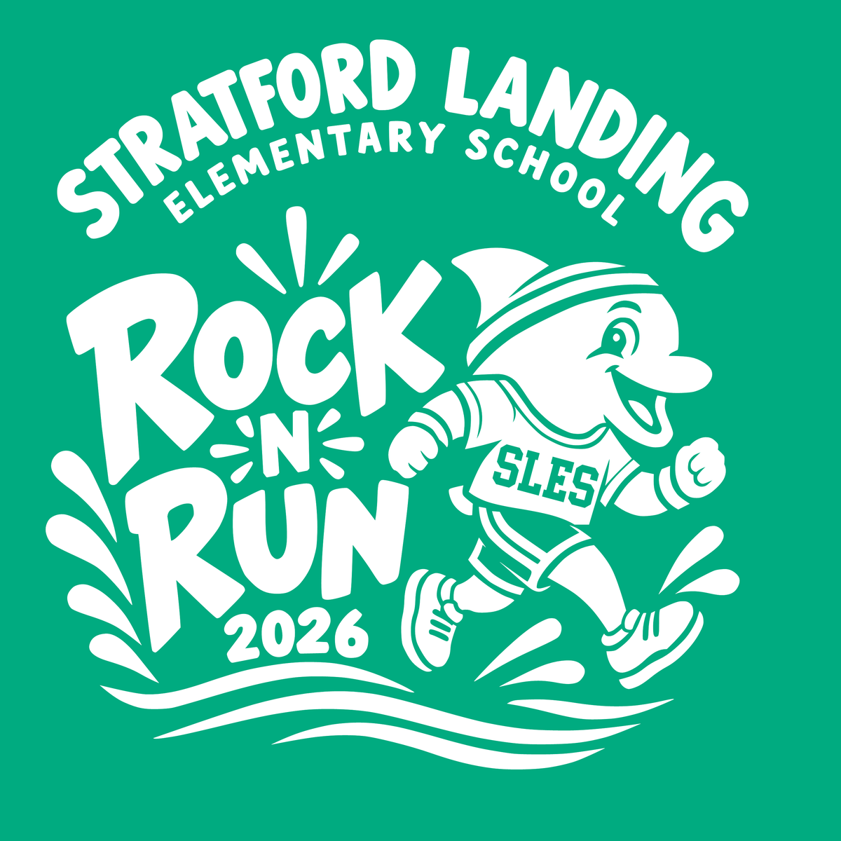 Rock ’N’ Run 2026 logo: the Stratford Landing dolphin mascot in running gear